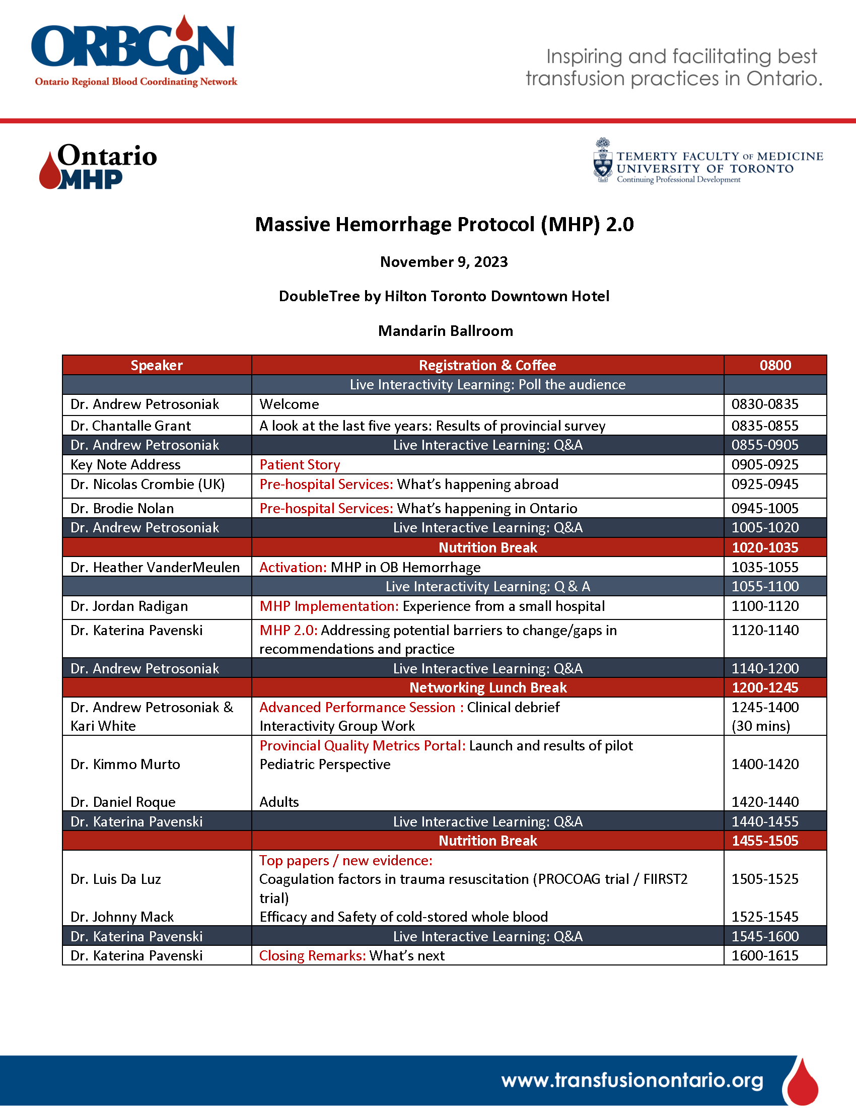 Massive Hemorrhage Protocol (MHP) 2.0 Symposium – ORBCoN